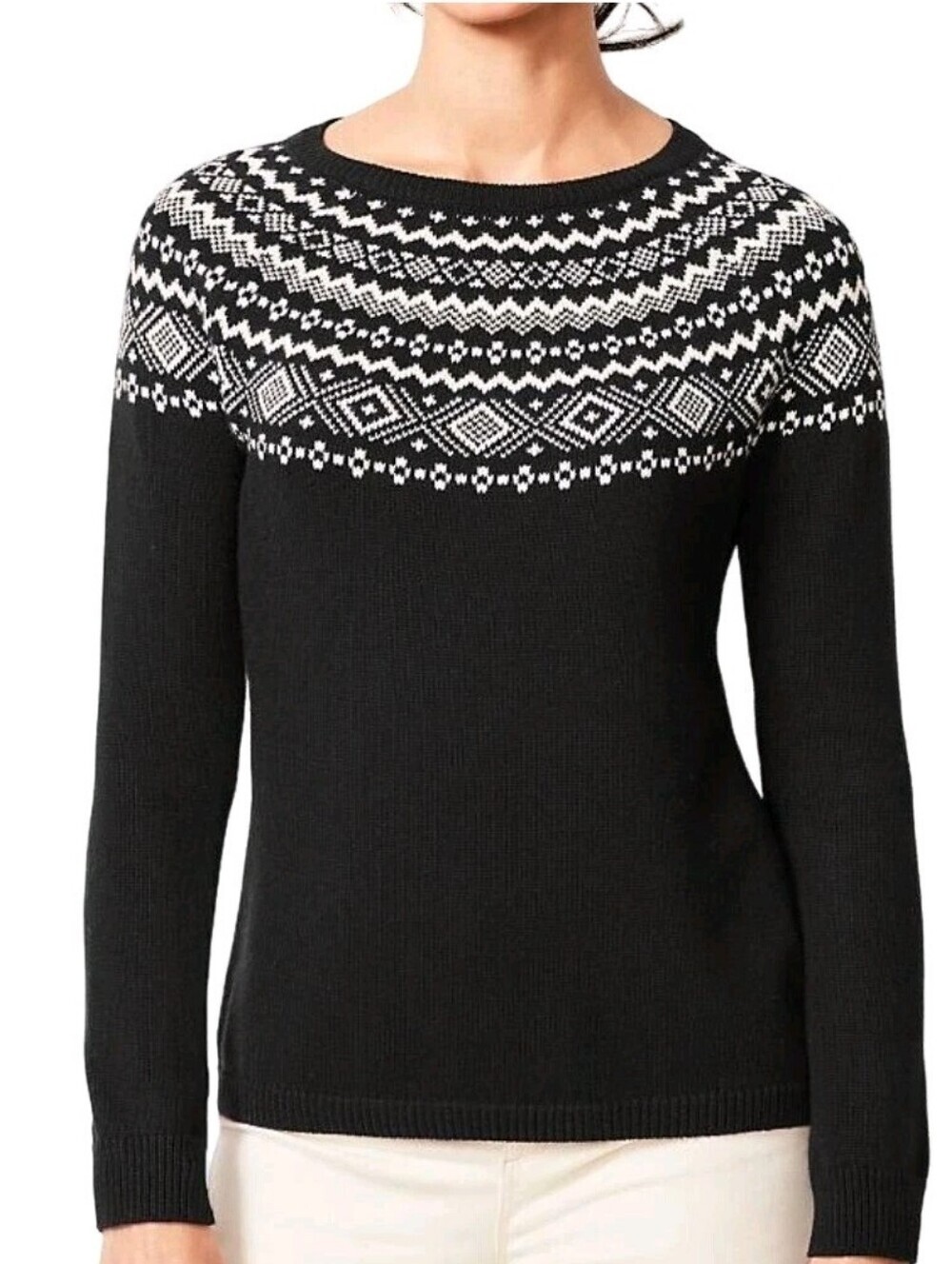 Talbots Black Fair Isle Yoke Crewneck Knit Sweater Size M